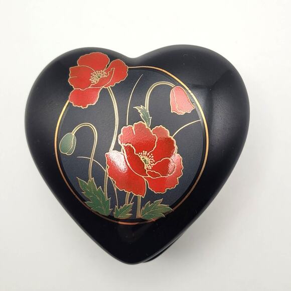 Heart Shaped Trinket Box Black Red Floral Dark Romantic Decor Fine China Japan - Picture 1 of 8